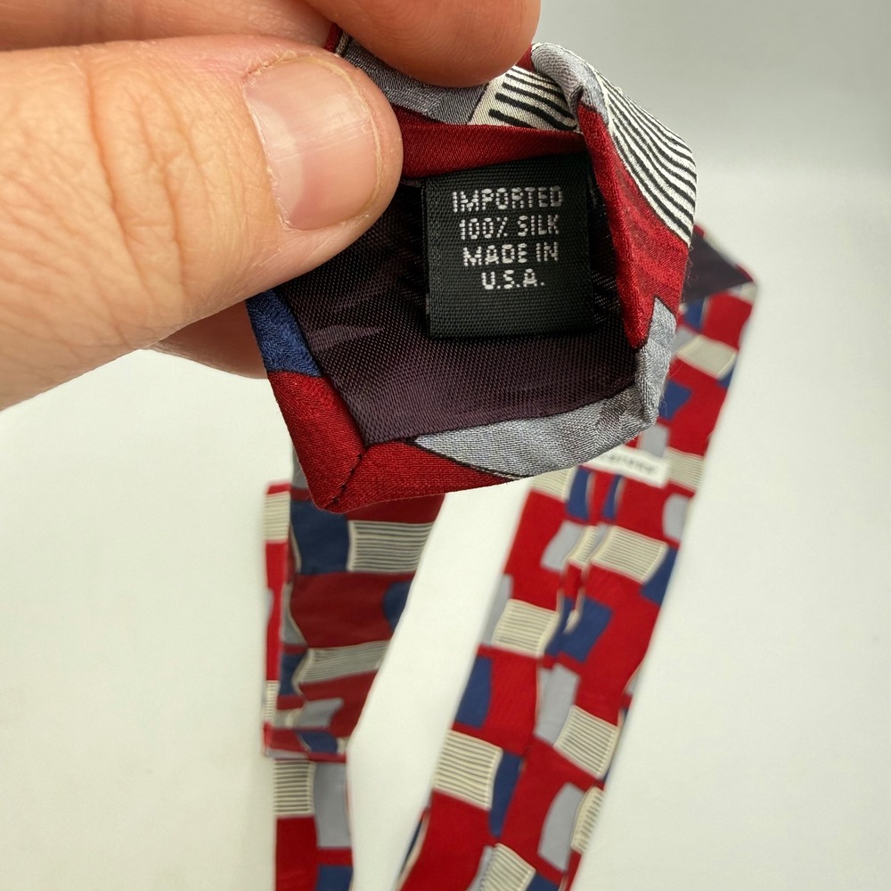 John Henry Mens Silk Tie Red Blue Grey Geometric Abstract Vintage Made in‎ USA - Picture 5 of 13